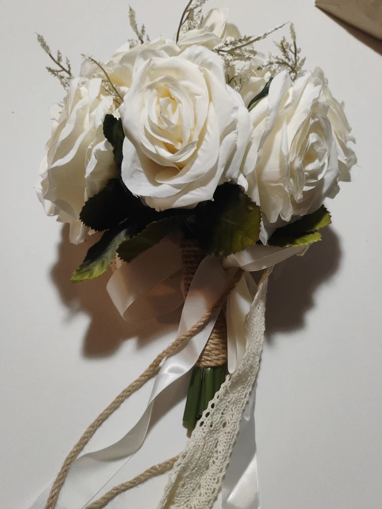 Bouquet White Roses Bride Boutonniere Lace Crochet Boho Cottage Beach Wedding Bouquet