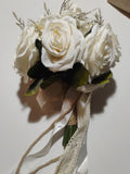 Bouquet White Roses Bride Boutonniere Lace Crochet Boho Cottage Beach Wedding Bouquet