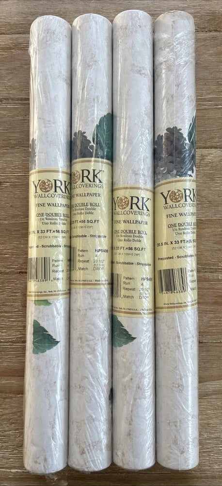4-YORK Wallcoverings Prepasted Double Rolls Cream Marble Hydrangea Floral HP5408 Hydrangea
