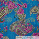 BonEful FABRIC FQ Cotton Quilt Teal Blue Gold Metallic Pink Flower Paisley Leaf Flowering Plants