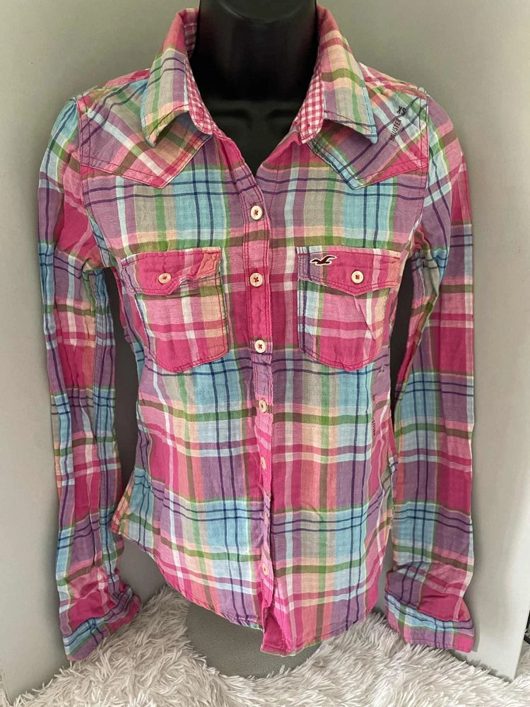 NWT Y2K HOLLISTER LS Button Down in Plaid/Gingham (Pink)  Juniors/Women/Bettys Roses