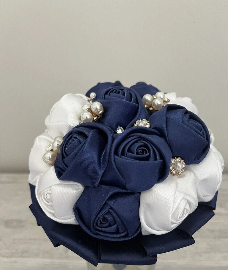Blue White Bridal Bouquet Crystal Pearl Silk Roses Flower Wedding Holding Decor Bouquet