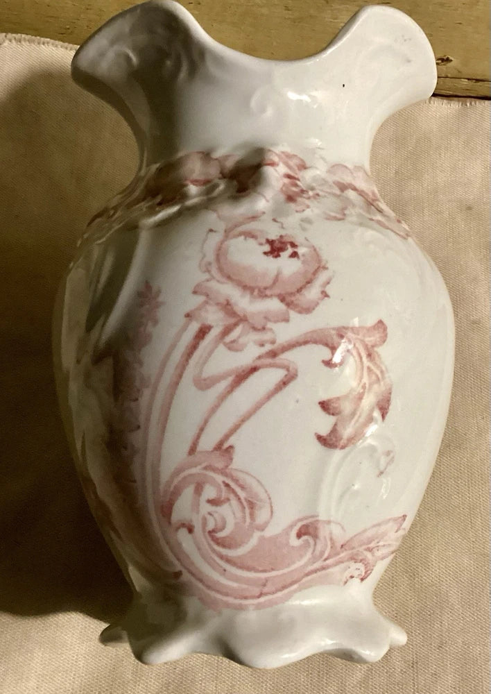 Pink Red PANSY + RANUNCULUS Ironstone TOOTHBRUSH VASE Art Nouveau TRANSFERWARE Ranunculus