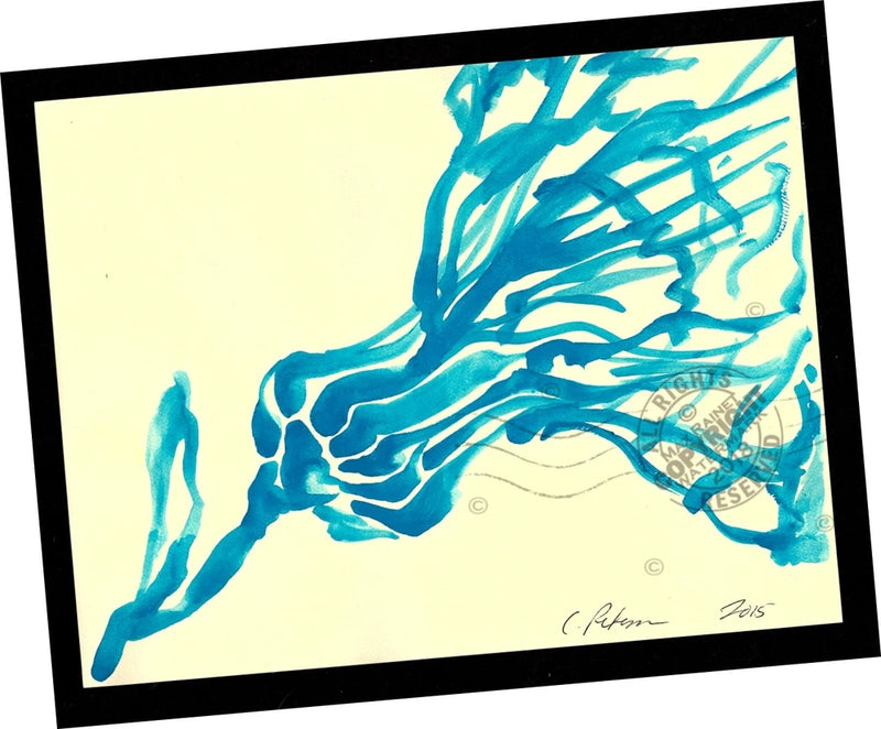 Framed abstract blue floral painting with visible signature at bottom right.