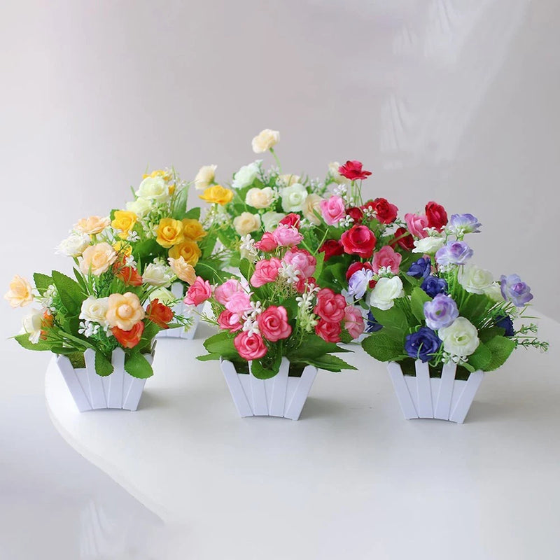 Artificial rose flower pots in white planters, multicolor blooms (yellow, pink, red, purple)