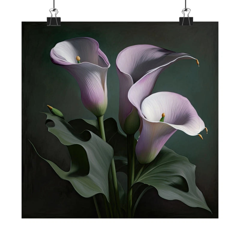 Lavender calla lily flower art print with three blossoms and green leaves