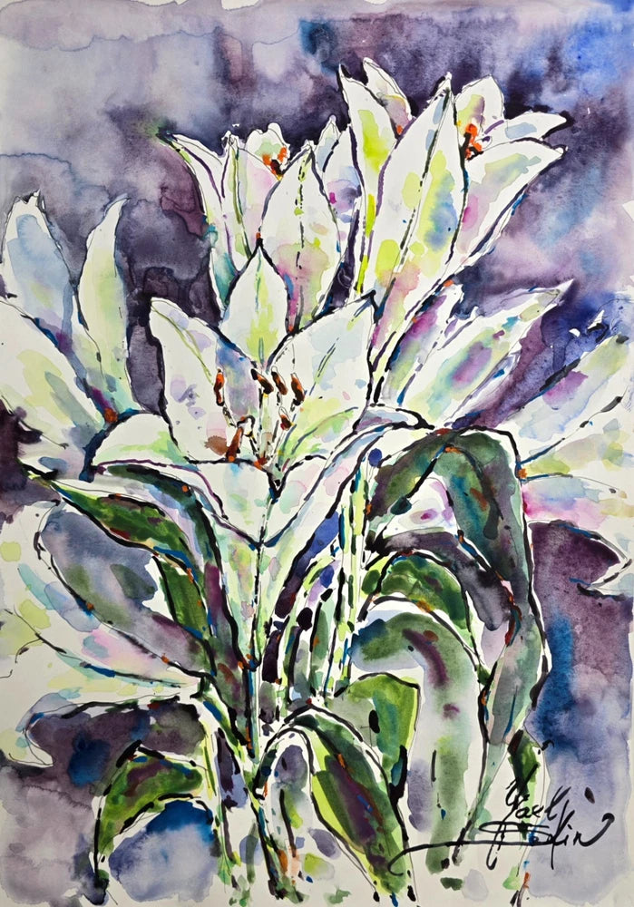 Original Watercolor White Lilies Painting - Floral Botanical Art, 16.5"x11.7" Lily