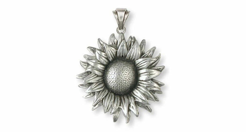 Sterling silver handmade sunflower pendant with textured center and petal detail