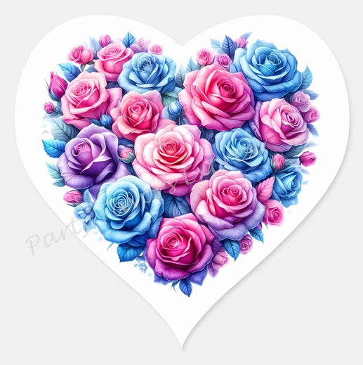 Heart-shaped sticker seal with pink, blue, and purple roses