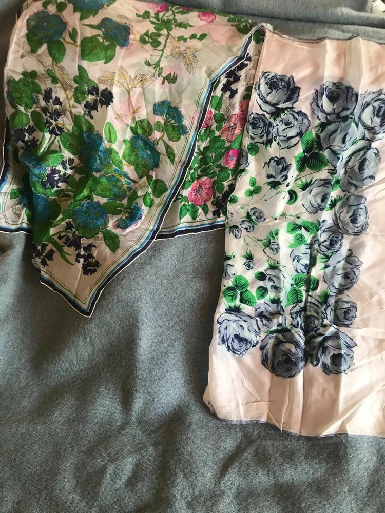 Lot of 2 Japan 100% Wilk Cream w Blue Hydrangea & Pink Flowers & White w Roses Hydrangea