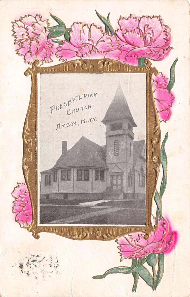 Vintage postcard with pink carnation floral border and church photo, Presbyterian Church