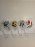 Port Meirion Botanical  4 Wine Glasses, Poppy, Sweet Pea,sunflower,hydrangea Hydrangea