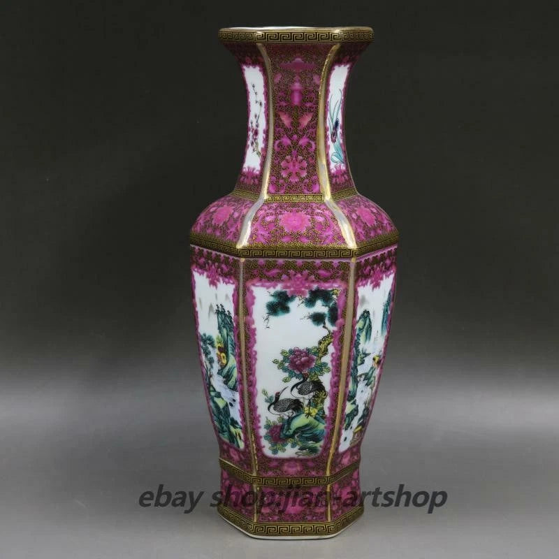 Porcelain six-sided vase with pink peony and crane on white, gold rim and trim
