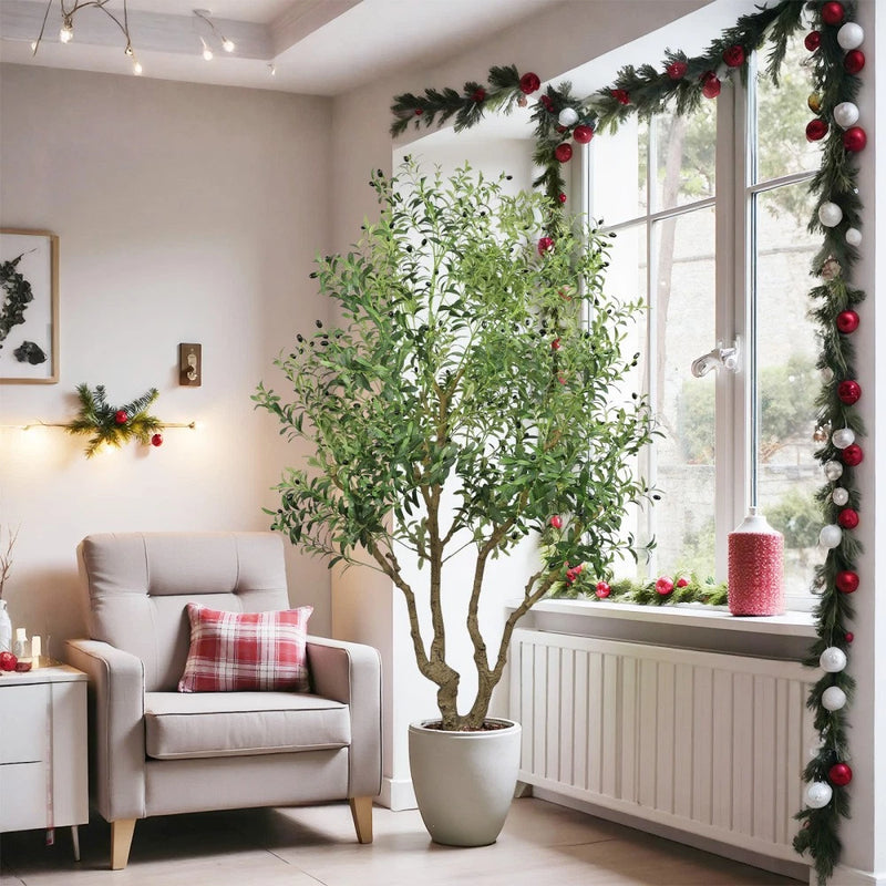 8FT Tall Artificial Olive Tree - Large Faux Potted Tree with Natural Trunk Green Plant