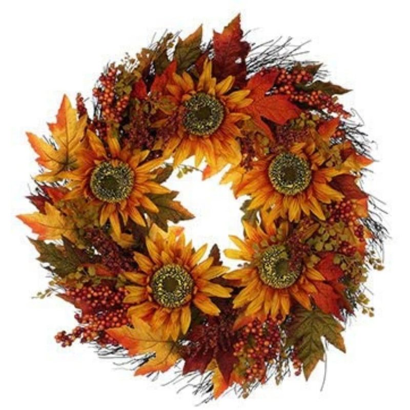Sunflowers & Harvest Berries 24 Inch Artificial Greenery Decorative Wreath Sunflower