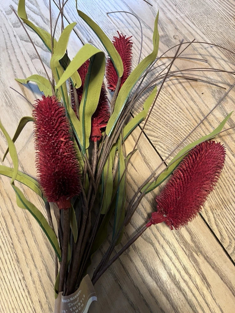 2 pack artificial thistle flower stems with maroon fuzzy blooms and green leaves