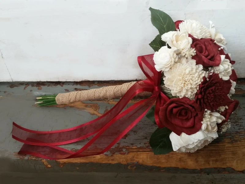 Burgundy Sola Wood Bridal Bouquet Dark Red Bridesmaid White Flowers for Wedding Bouquet