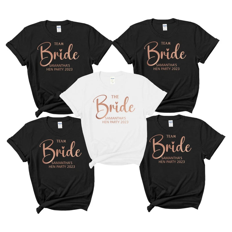 Set of hen party bride team T-shirts, black and white, rose “The Bride” print