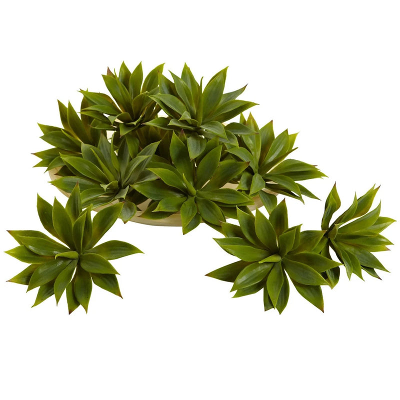 Green artificial agave succulent plant with layered spiky rosette leaves