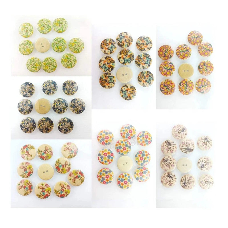 Set of painted wooden 4-hole floral pattern buttons, assorted designs