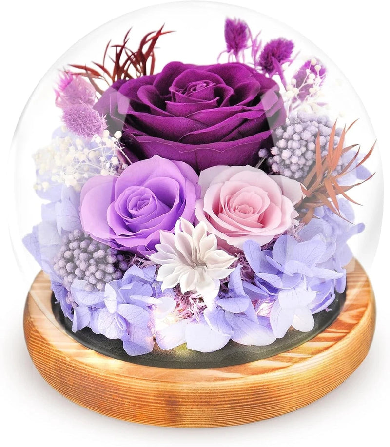 Glass dome floral arrangement with deep purple rose and pink, lavender, white flowers