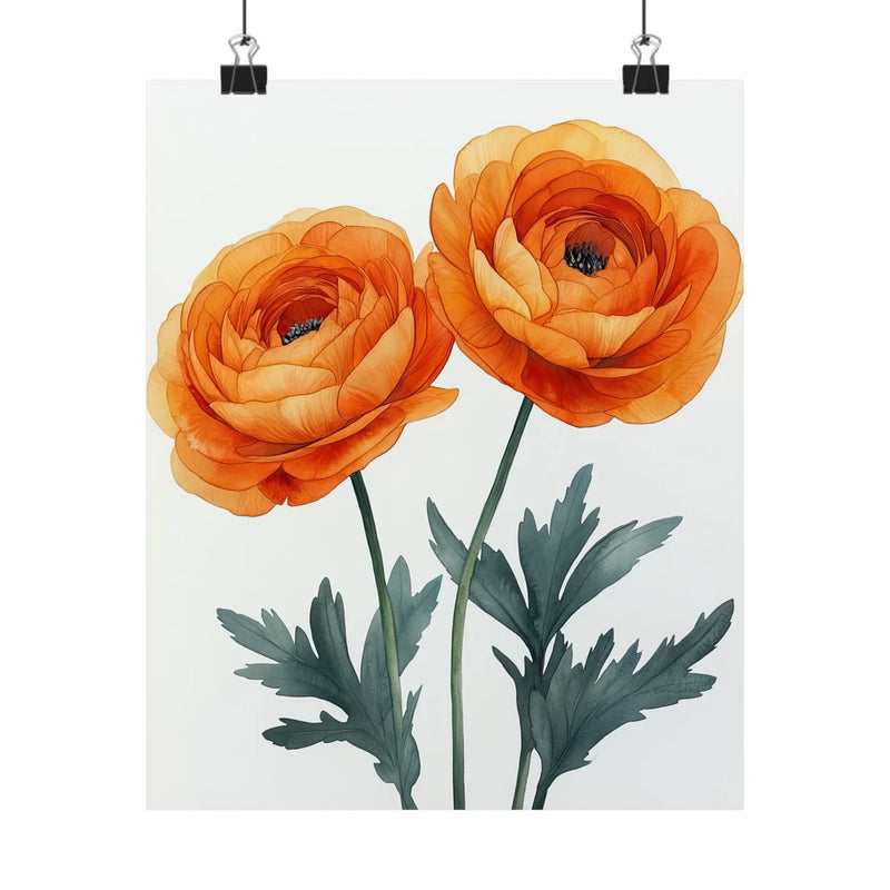 Boho Orange Ranunculus Flower Art Print Poster, Minimalist Floral Wall Art 2 Ranunculus