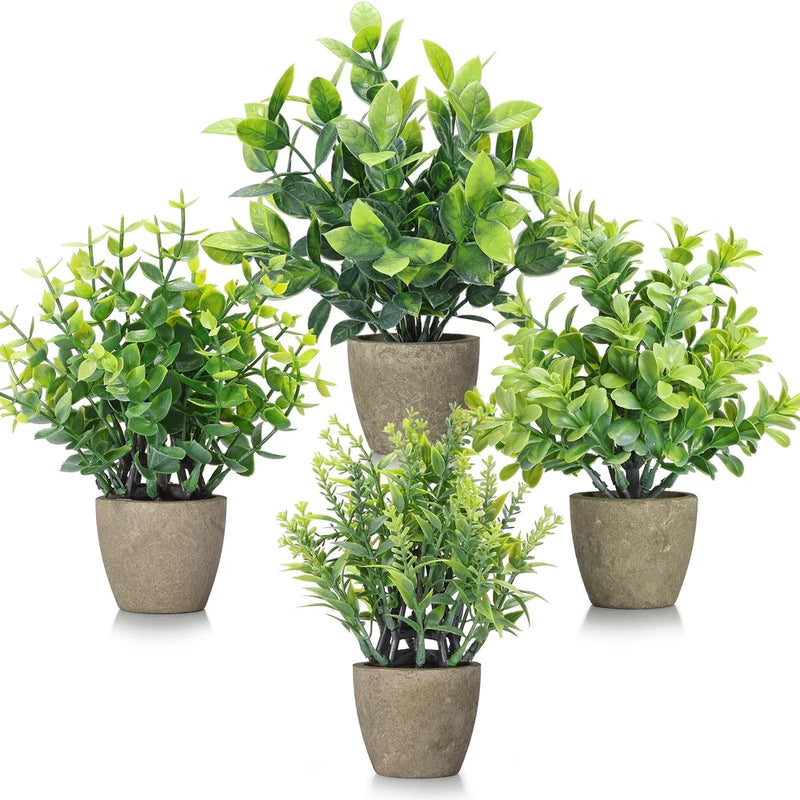4 Pack Fake Plants Ceramic Mini Artificial Greenery Potted Plants for Home De... Green Plant