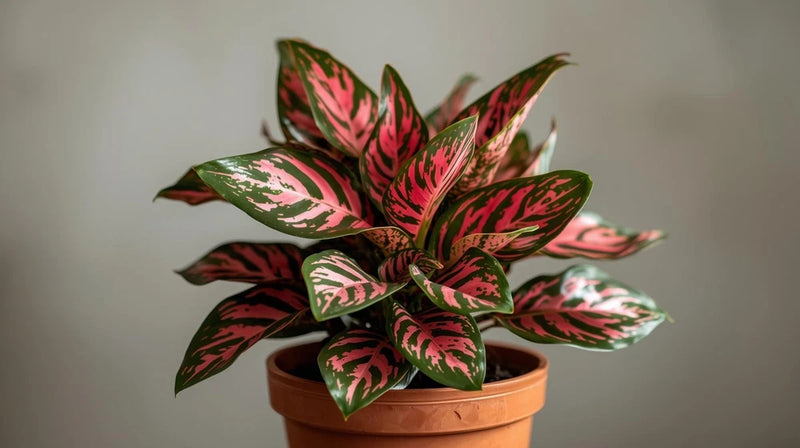 Indoor Chinese evergreen plant with green leaves and red-pink speckles in terracotta pot
