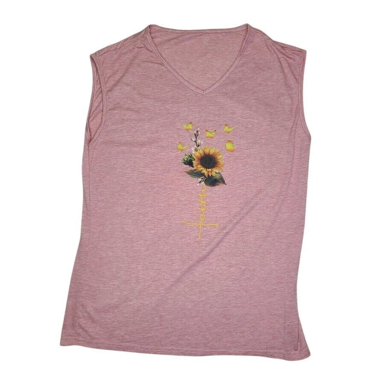 Mauve V-neck sleeveless top with sunflower, butterfly, and cross graphic