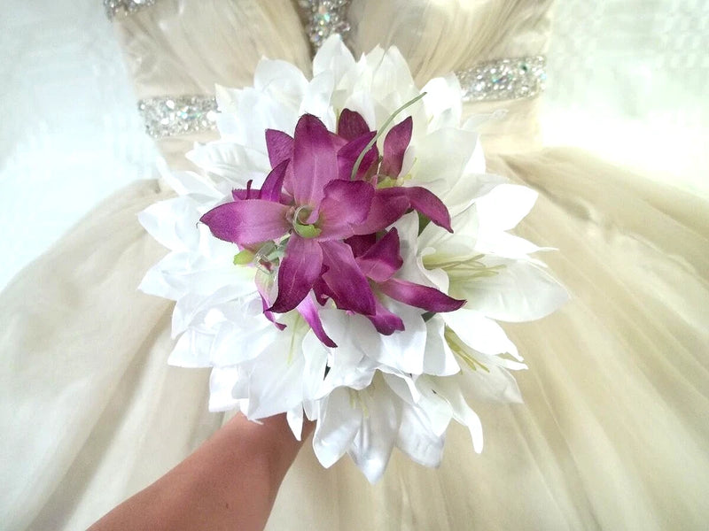 Wedding Bouquet Bride Bridesmaid Tropical Beach White Lily Purple Orchids Bouquet
