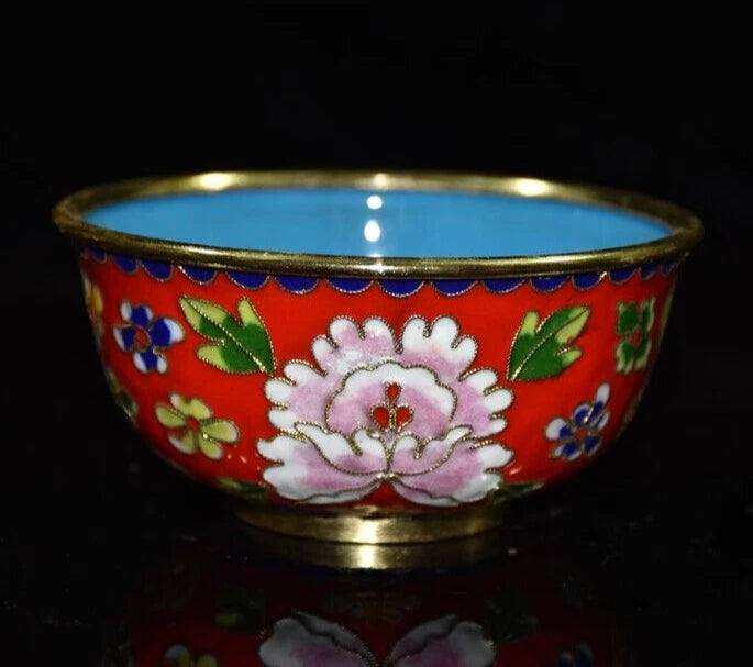 Cloisonné bowl ornament with red floral enamel and gold rim