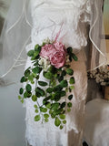 Dusty Pink And White Accent Cascading Bridal Bouquet With Diamond Stud Handle Bouquet