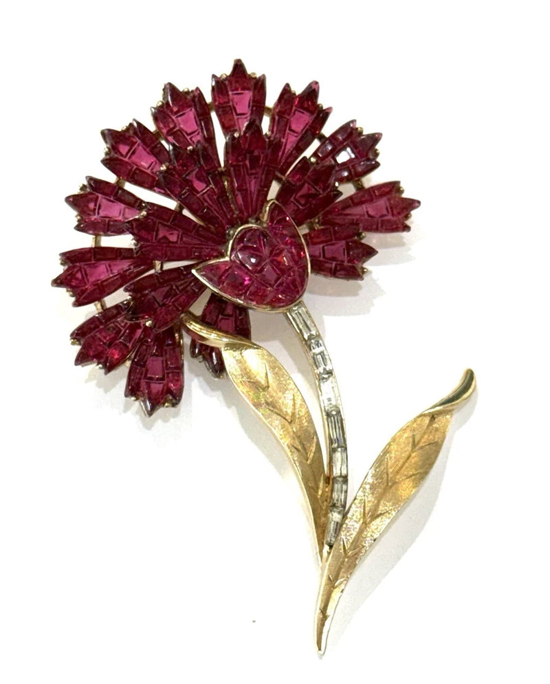 Trifari Alfred Philippe Rare Invisibly Set Red Carnation Flower Brooch Signed Carnation