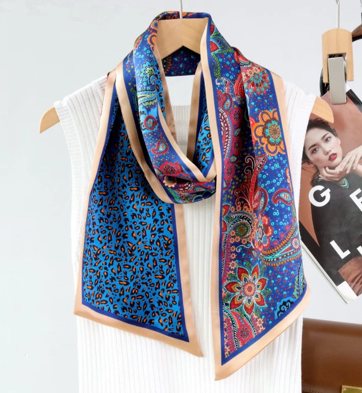 Multicolor paisley floral print silk scarf shawl, blue with beige edges
