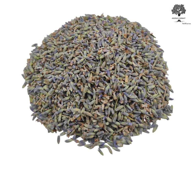 Dried lavender buds with small stems, blue-gray and green, loose handful
