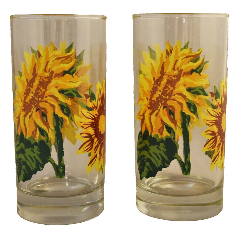 Set of 2 clear drinking glasses with yellow sunflower print and green leaves