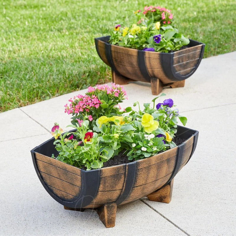 Set of 2 rustic half-barrel planters with wooden legs, holds colorful flowers