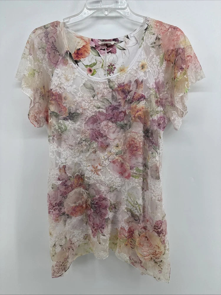 Women’s sheer floral lace blouse in pastel pink, short sleeves