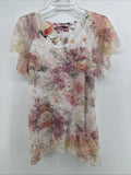 Womens Top Blouse Spring Pastel Pink Floral Sheer Lace Short Sleeve Asymmetric M Roses
