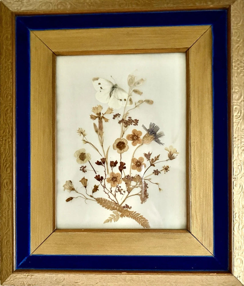Framed dried flower and butterfly picture with beige botanical bouquet, wood border