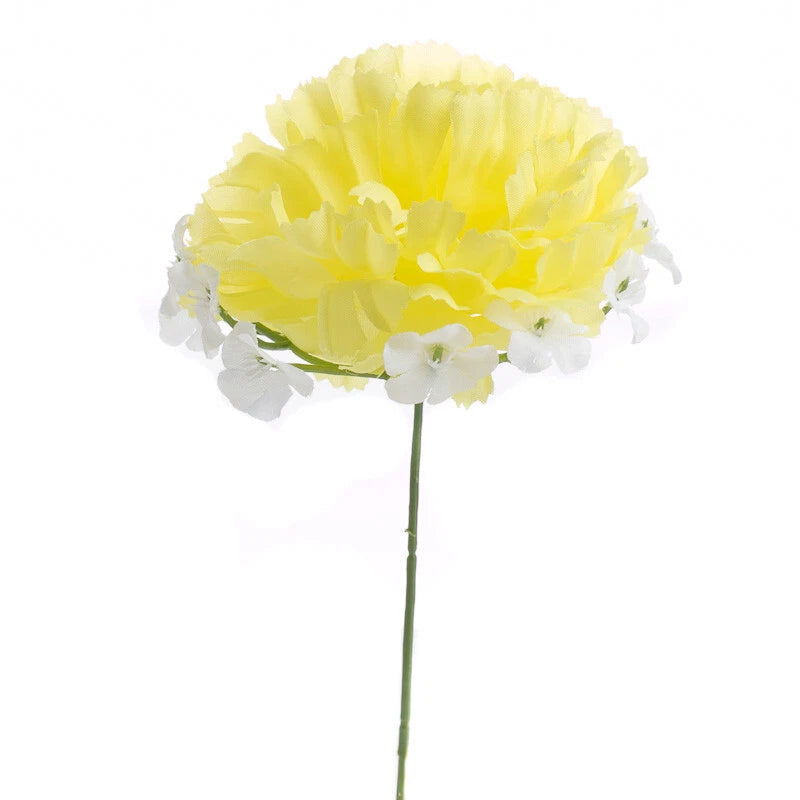 Artificial yellow carnation stem with full flower head and green stem