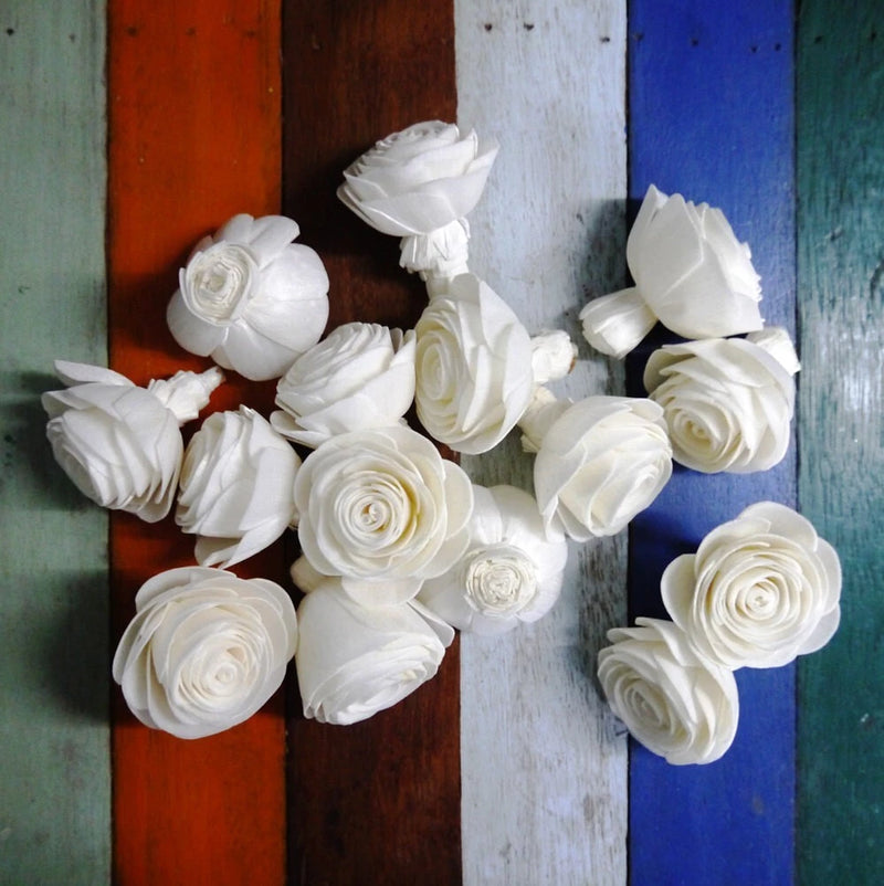 Artificial sola wood rose diffuser flowers, white rosette heads, small craft bunch