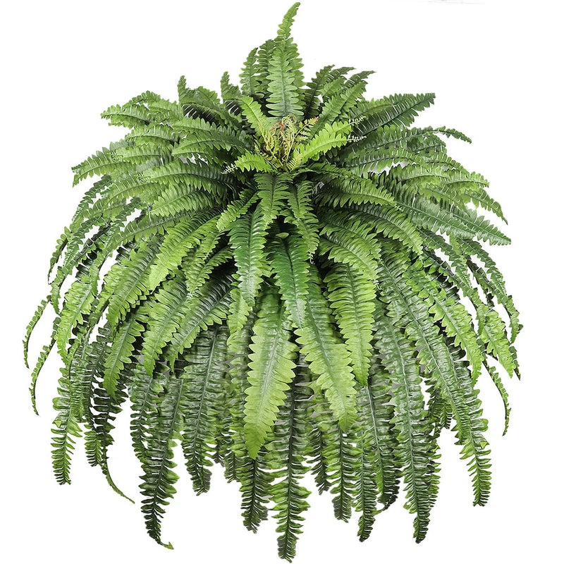 Artificial green fern plant with dense fronds and layered leaflets for outdoor decor