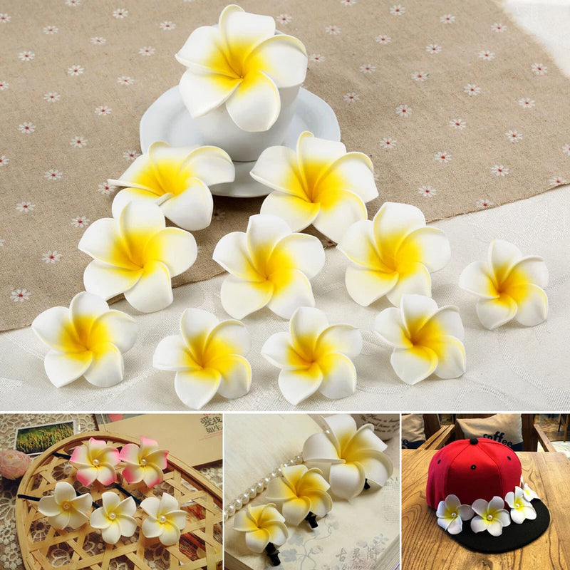Artificial frangipani foam flowers, white petals with yellow centers, set of 10/50.
