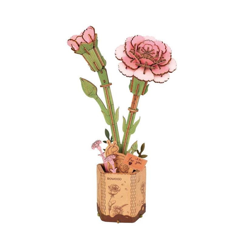 DIY 3D wood puzzle carnation set with pink flower pieces in a cardboard stand
