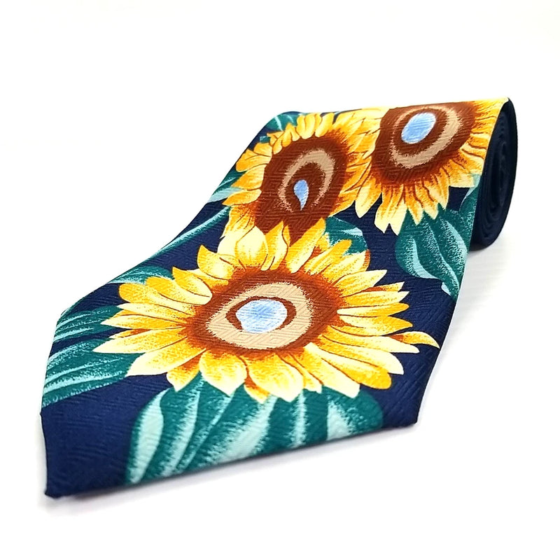 Sunflower graphic print necktie in teal, navy, and gold