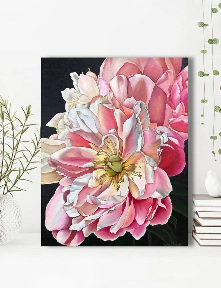 Peony flower canvas painting with pink and white blooms
