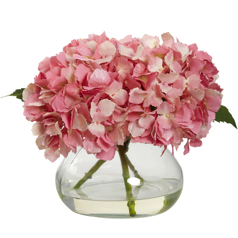 Pink Blooming Hydrangea in Vase Liquid Illusion Faux Floral Decor Arrangement Hydrangea