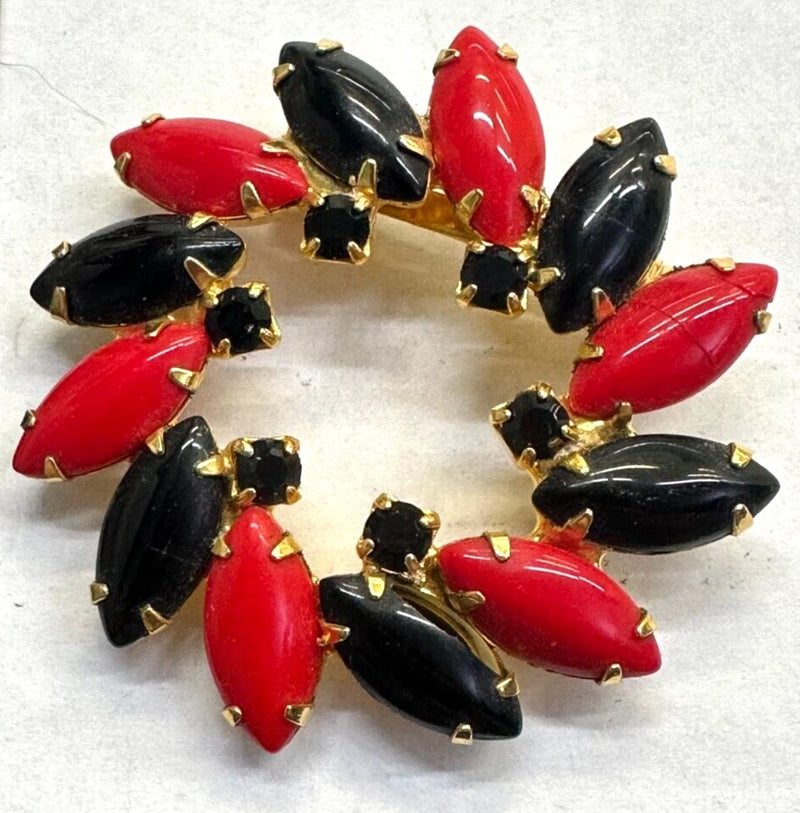Flower Sunflower Wreath Onyx & Coral Rhinestone Vintage Pin Brooch Gold J-528 Sunflower