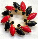 Flower Sunflower Wreath Onyx & Coral Rhinestone Vintage Pin Brooch Gold J-528 Sunflower